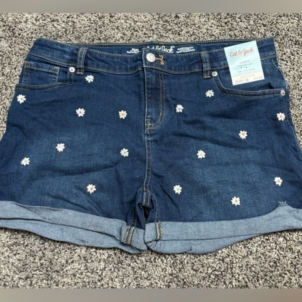 Cat & Jack Blue Denim Shorts with Floral Embroidery